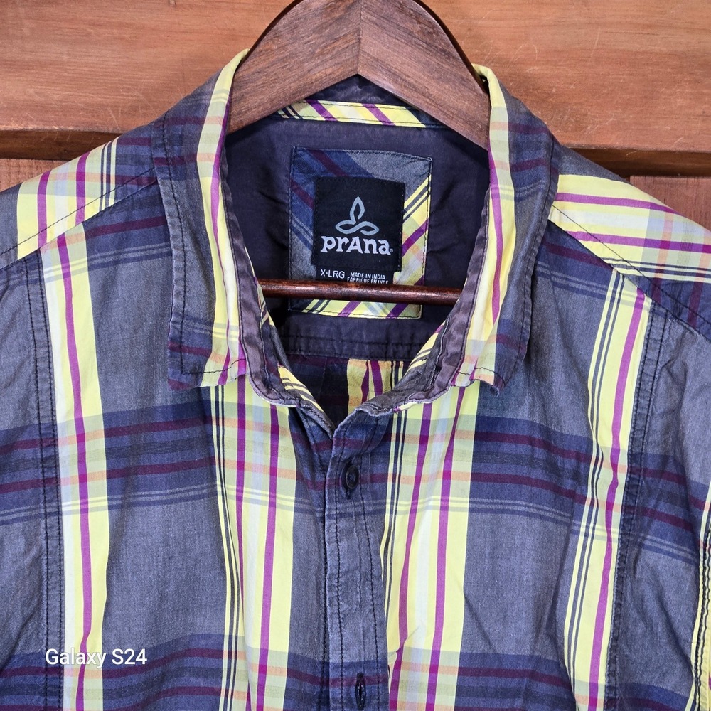 Prana Mens XL Short Sleeve Organic Cotton Button Down‎ Plaid Shirt Grey Yellow
